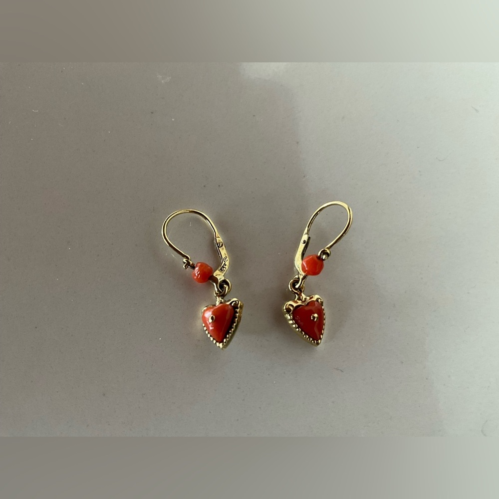 Italian  Vintage children gold and Red coral Heart Earrings, one single earring